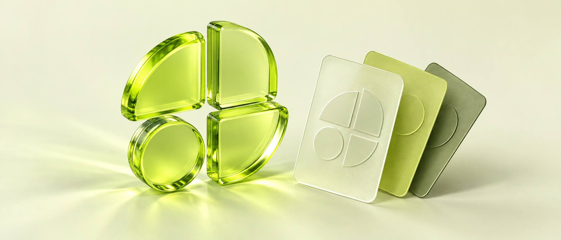 Símbolo geométrico e cartões de identidade visual em vidro 3D verde-limão