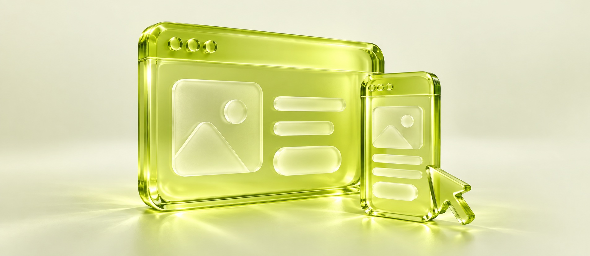 Interfaces de site para desktop e celular em vidro 3D verde-limão