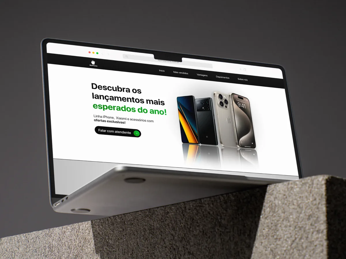 Landing page da Loja MaiPhone, aberta num notebook